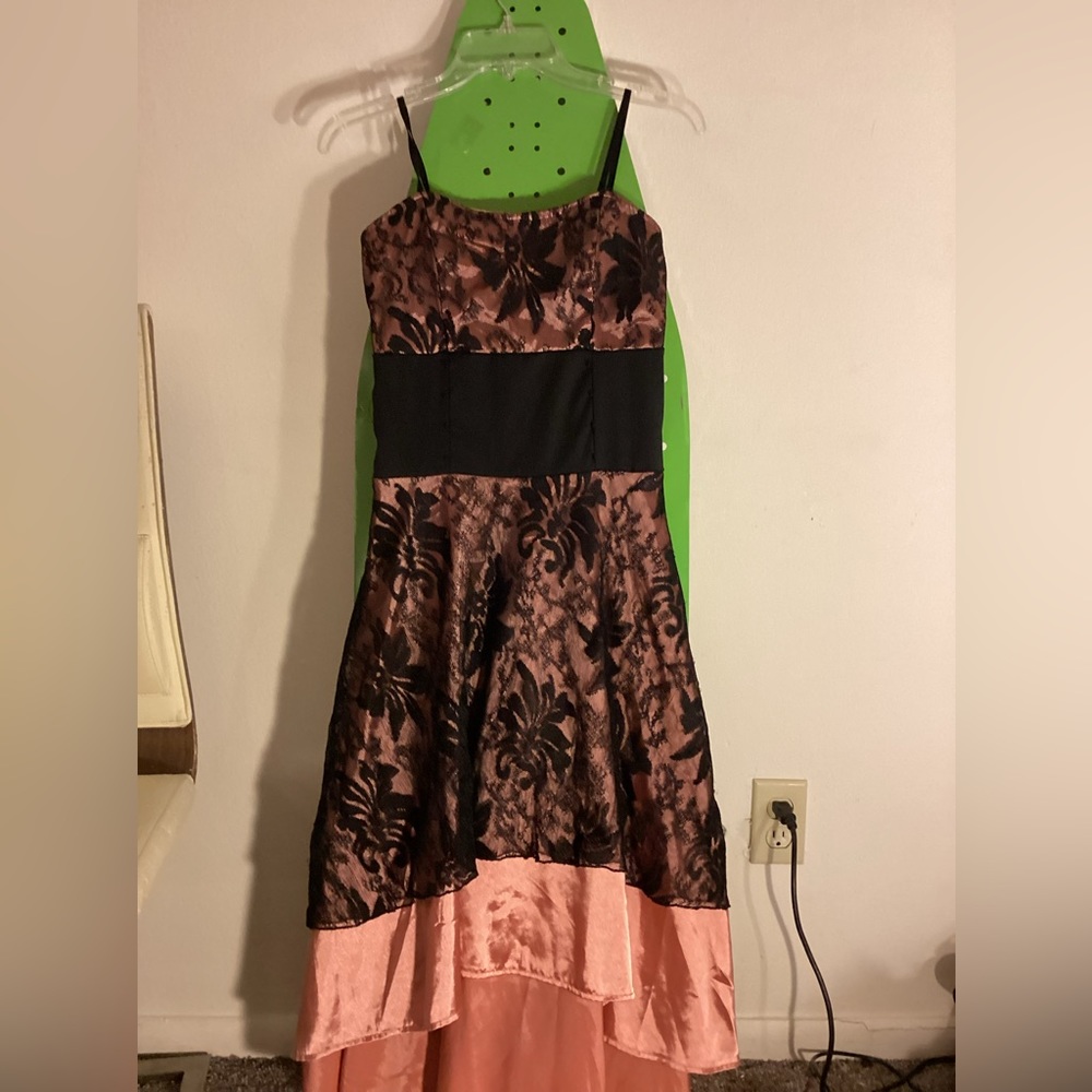 Black and coral pink floral design black gothic dress wear